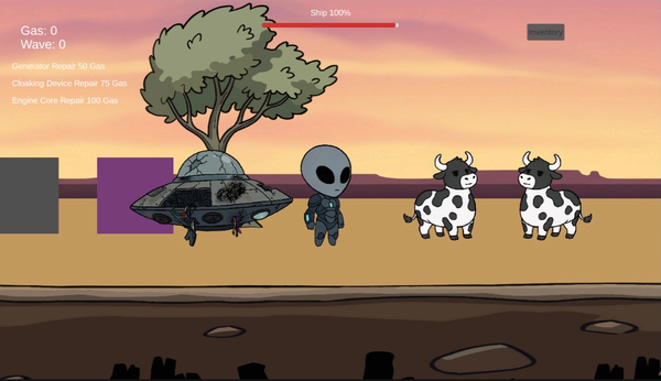 Flatulence gameplay screenshot showing the fixed sunset background